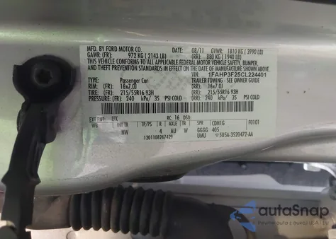 2012 Ford Focus Se z USA, uszkodzony, nr VIN 1FAHP3F25CL224401